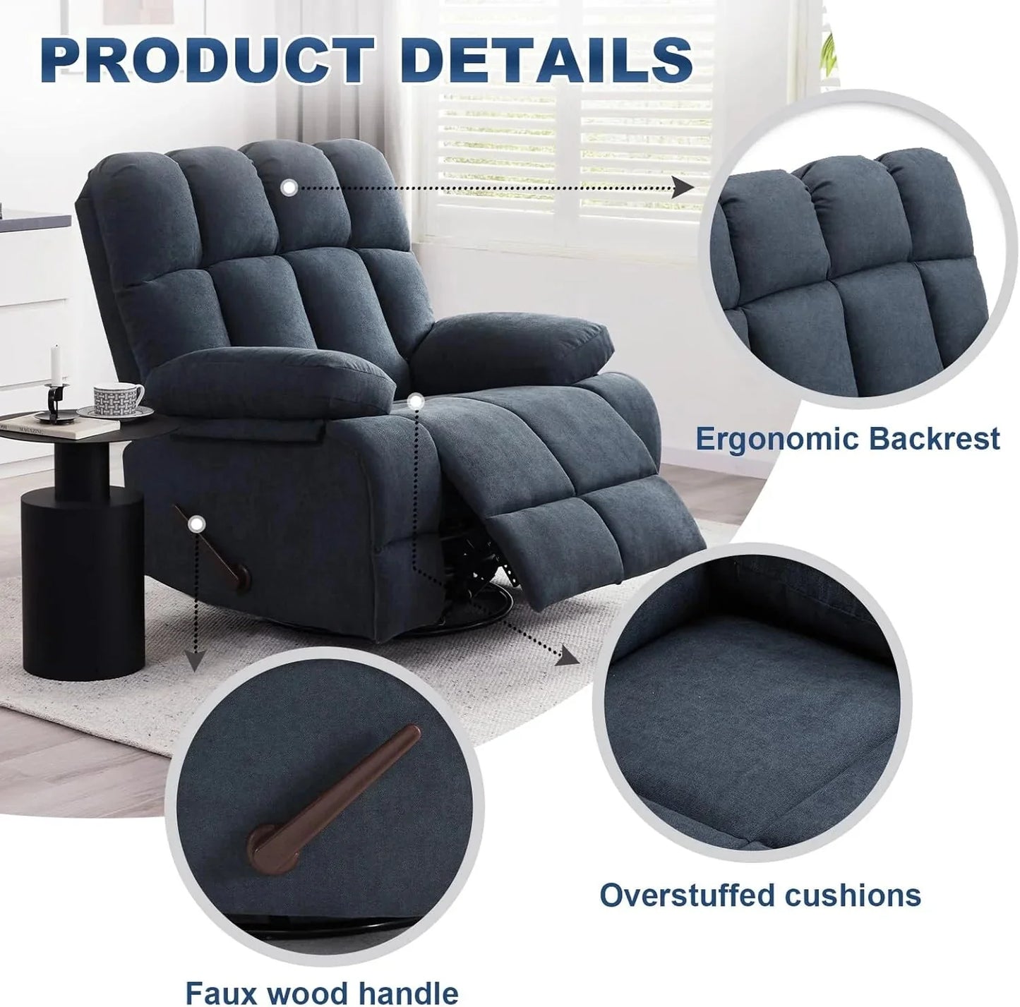 Oversized Swivel Recliner Chair for Big Man Grey