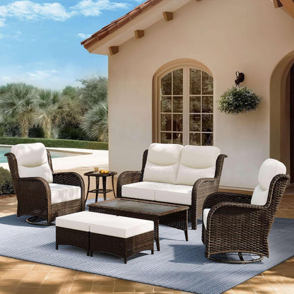 Outdoor Swivel Rocker Patio Chairs with 6-Inch Thick Cushions and Side Table, 3PCS High Back Wicker Patio Furniture Set for Porch, Balcony, Deck and Yard in Blue