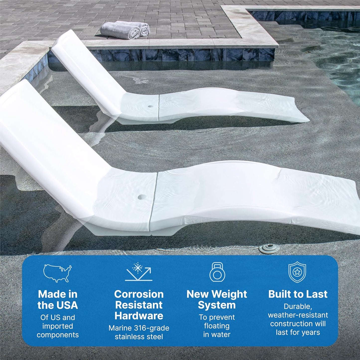 Pool Lounger, Fade-Resistant, Waterproof Patio Furniture, Pool Lounge Chair for Sun Shelf, Use in Pools with Shelves Up to 9-Inches Deep or Outside Pool Deck, Weighted, White