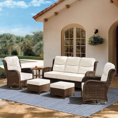 Outdoor Swivel Rocker Patio Chairs with 6-Inch Thick Cushions and Side Table, 3PCS High Back Wicker Patio Furniture Set for Porch, Balcony, Deck and Yard in Blue