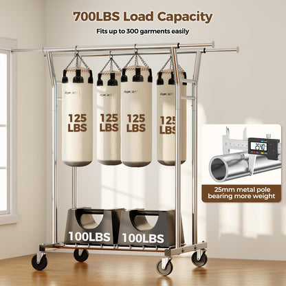 HYSEYY Heavy Duty Rolling Clothes Rack with Shelves 700LBS