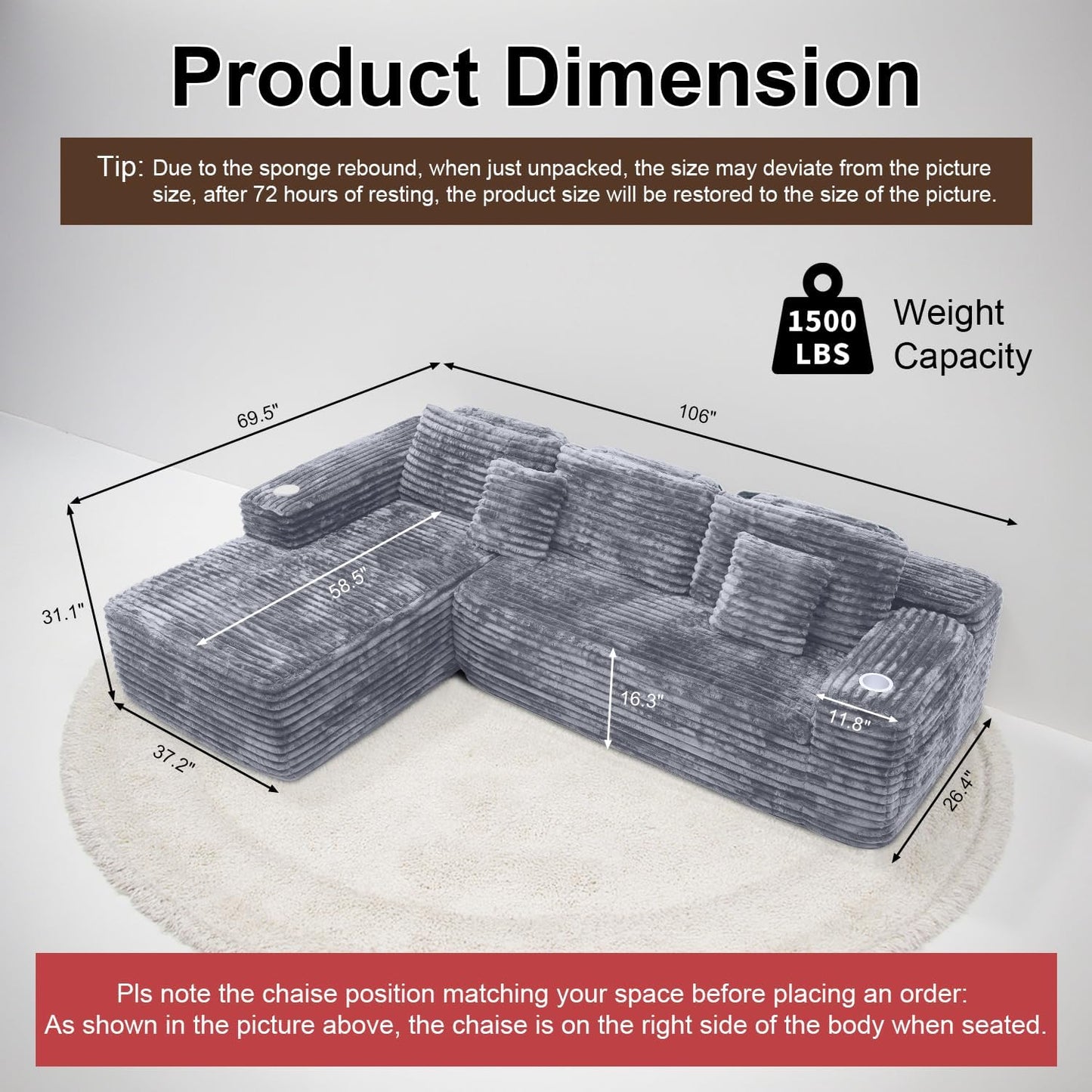 Cloud Sectional Couch with L-Shape Chaise, Modern Modular Sofa with Deep Seat, Built-in Cup Holder & Storage Pocket for Living Room Bedroom, No Assembly Required (Dark Gray, Left Sitting Chaise)