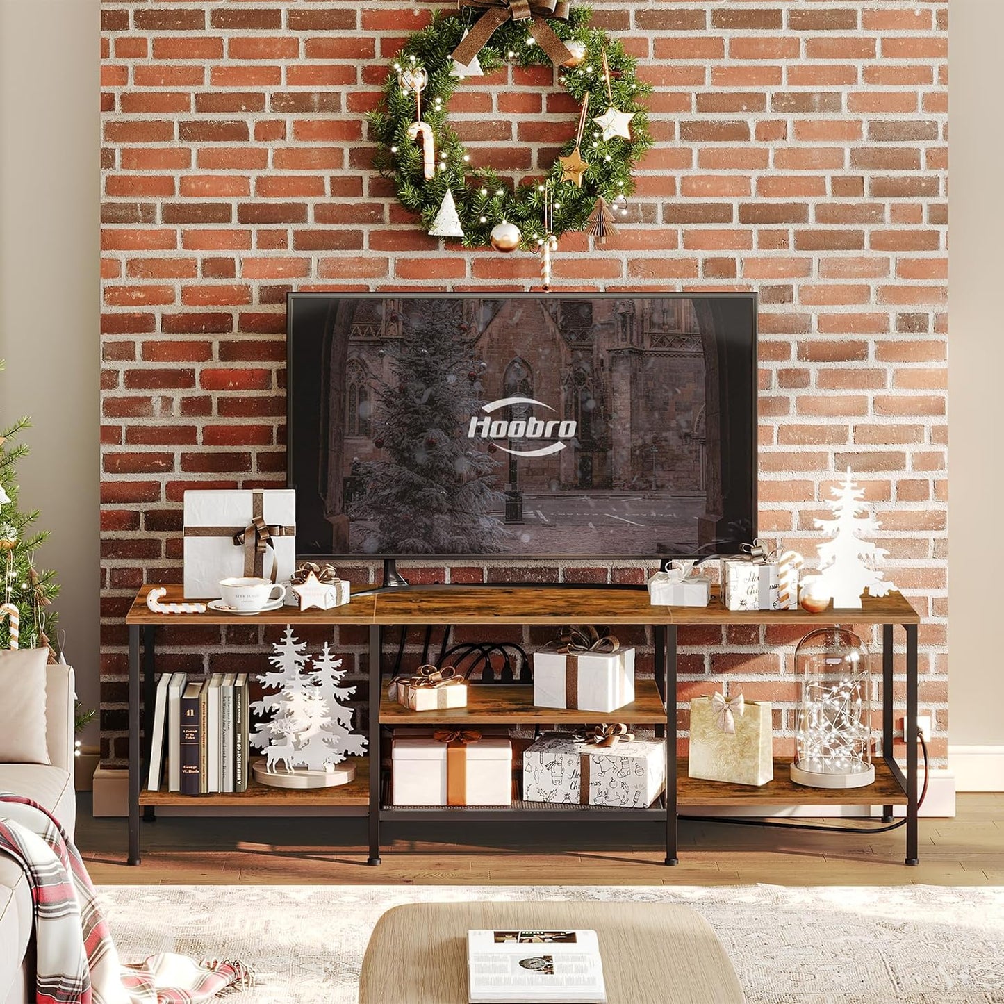 TV Stand with Power Outlets to 75 Inches, TV Console Table with Open Storage Shelves Cabinet, Industrial Media Entertainment Center for Living Room Bedroom, Rustic Brown and Black BF60DS01