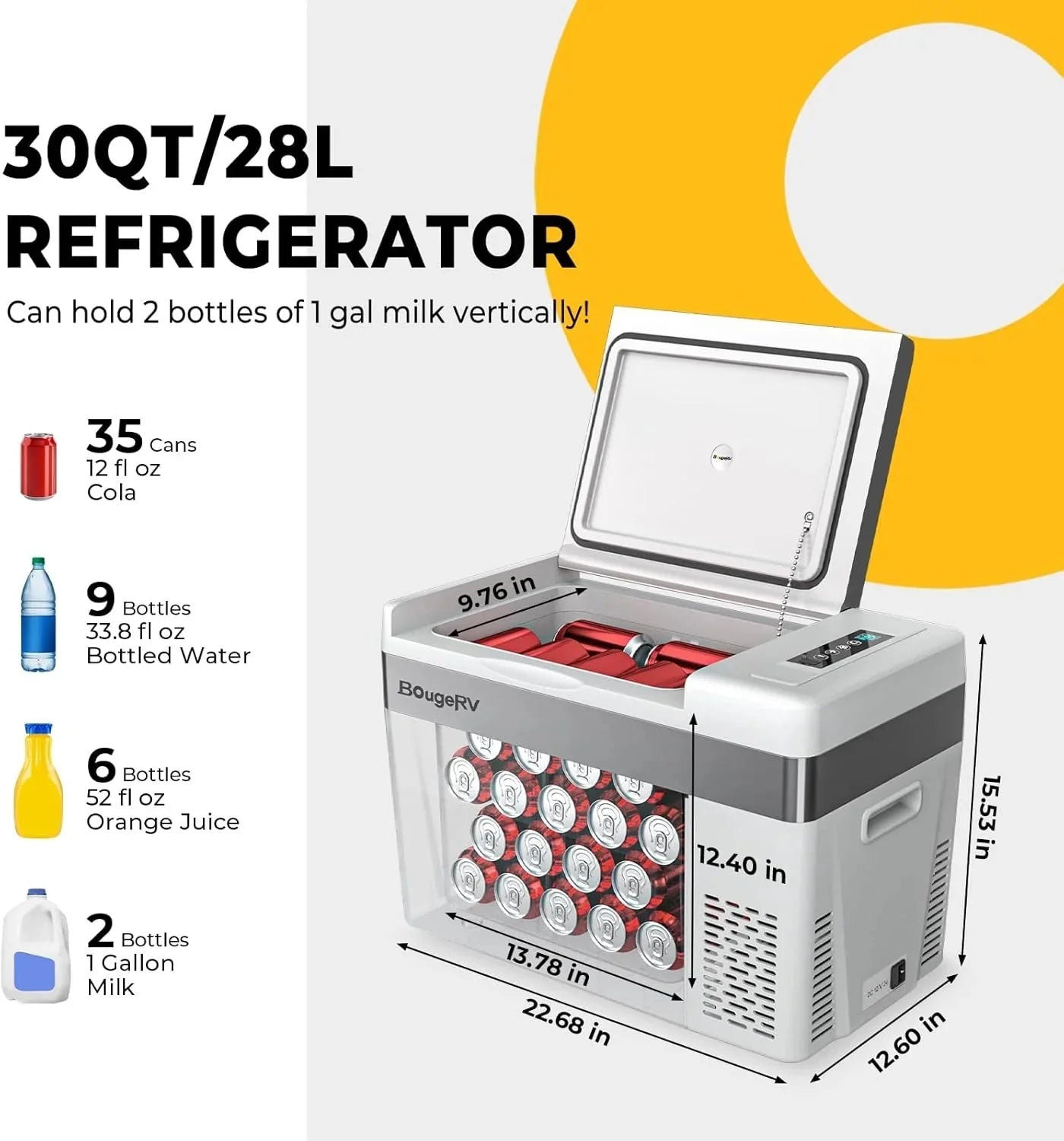 BougeRV 12 Volt Refrigerator 12V Car Fridge 23 Quart Portable Freezer Compressor Cooler 12/24V DC 110~240 Volt AC for Truck Van RV Camper SUV Travel Camping Road Trips Tailgating -7℉~50℉