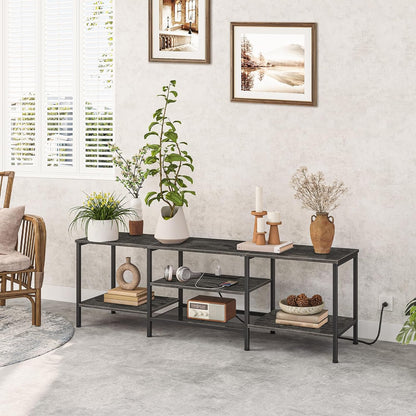 TV Stand with Power Outlets to 75 Inches, TV Console Table with Open Storage Shelves Cabinet, Industrial Media Entertainment Center for Living Room Bedroom, Rustic Brown and Black BF60DS01