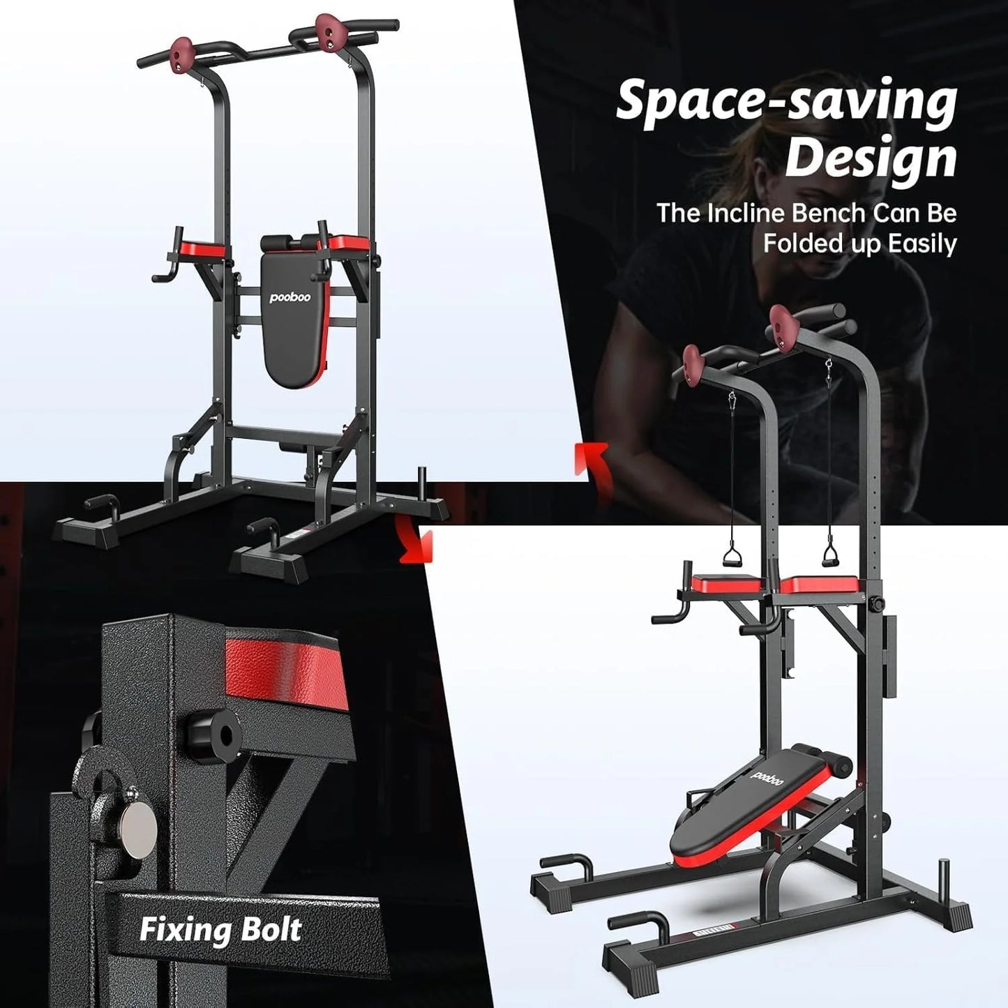 Pooboo Power Tower Dip Station, Pull-Up Bar, Supine Board, Adjustable