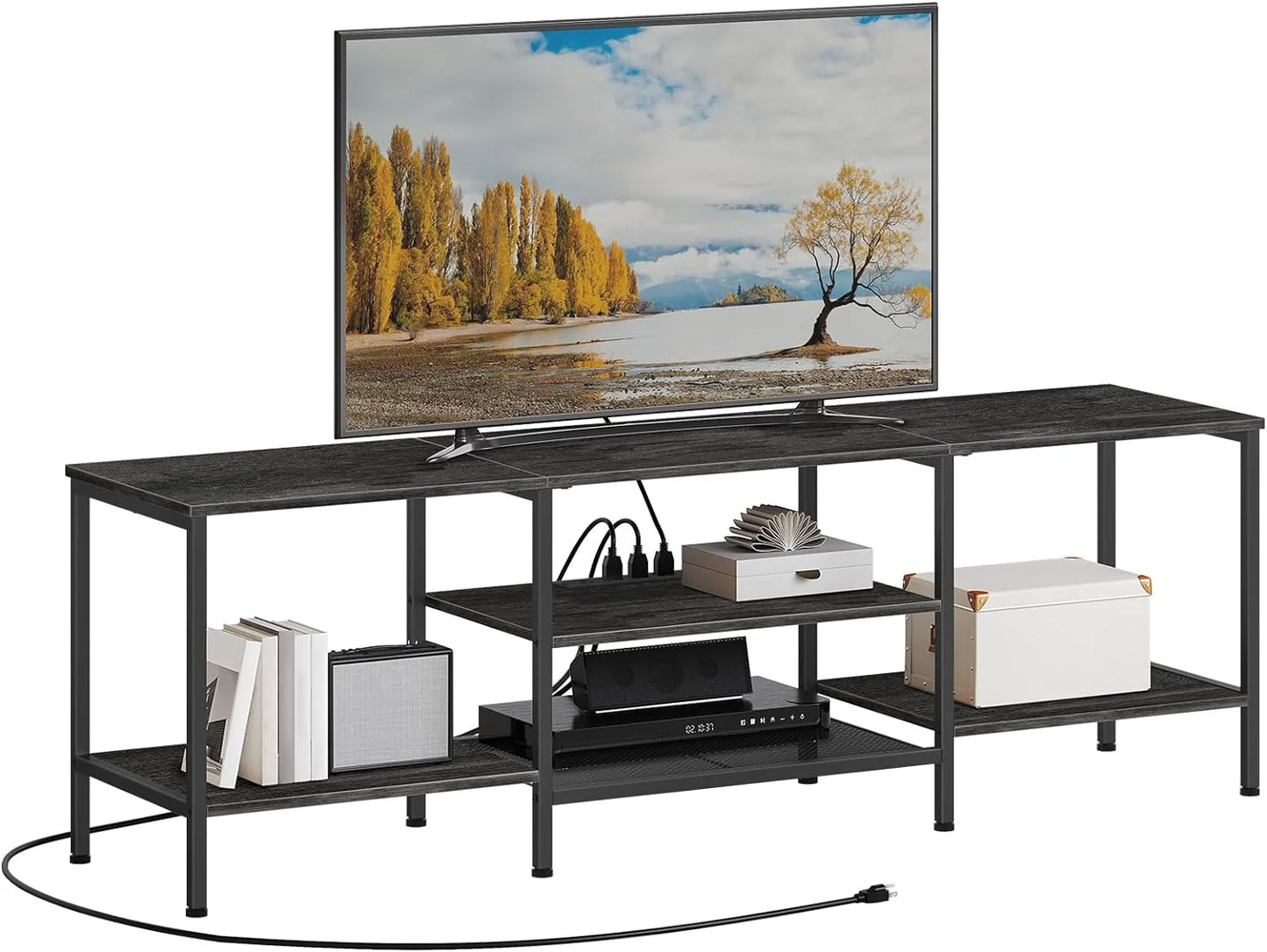 TV Stand with Power Outlets to 75 Inches, TV Console Table with Open Storage Shelves Cabinet, Industrial Media Entertainment Center for Living Room Bedroom, Rustic Brown and Black BF60DS01