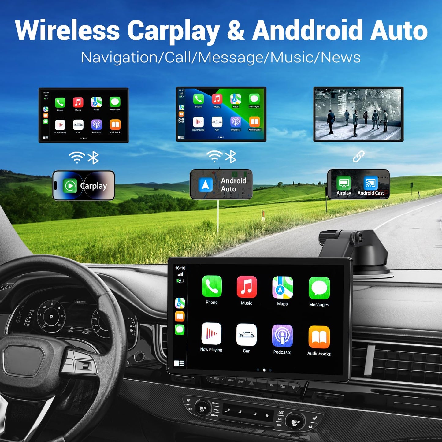 HAUXIY Wireless Apple Carplay Screen - 9" Portable Car Stereo
