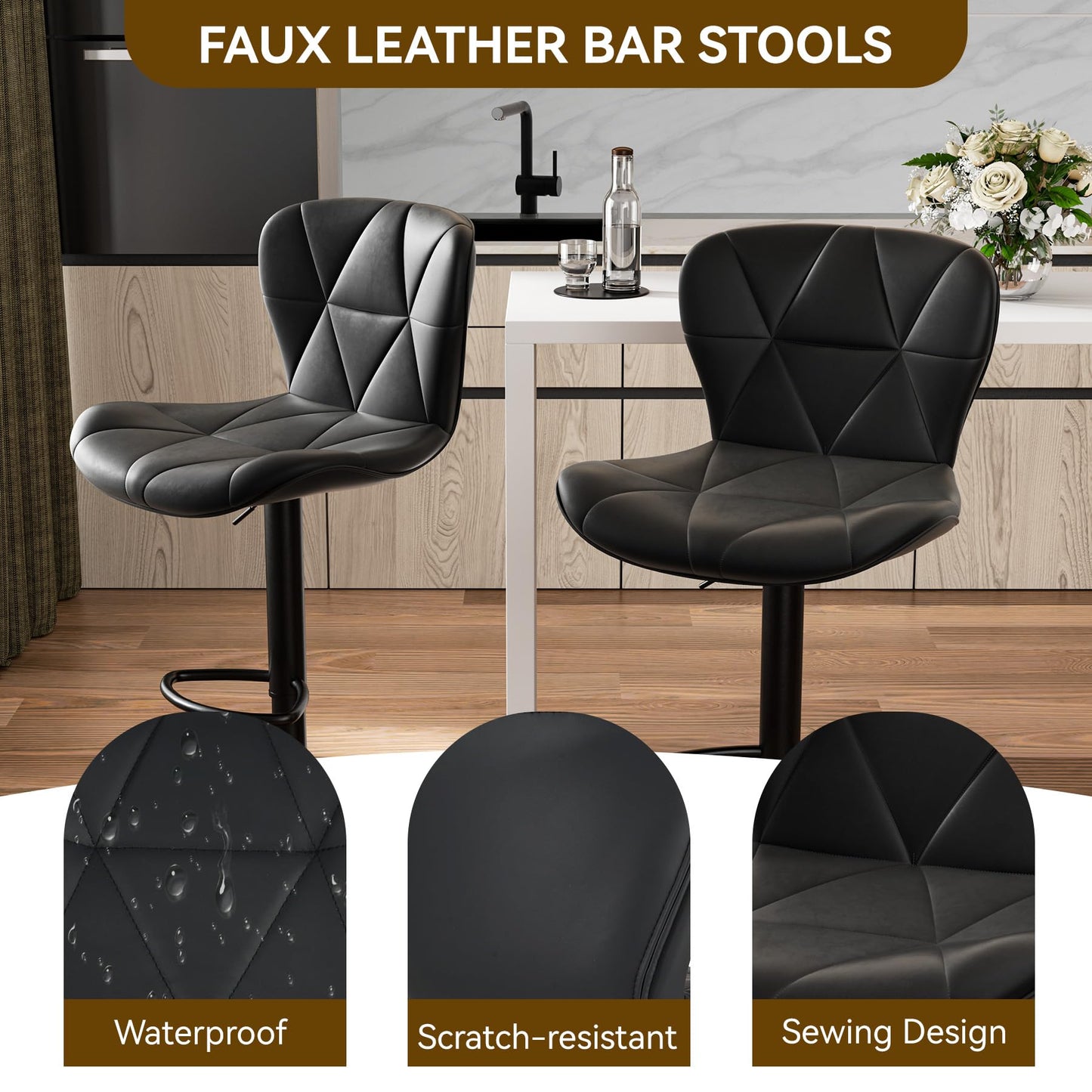 NALUPATIO Modern Bar Stools Set of 2 - Adjustable Faux Leather