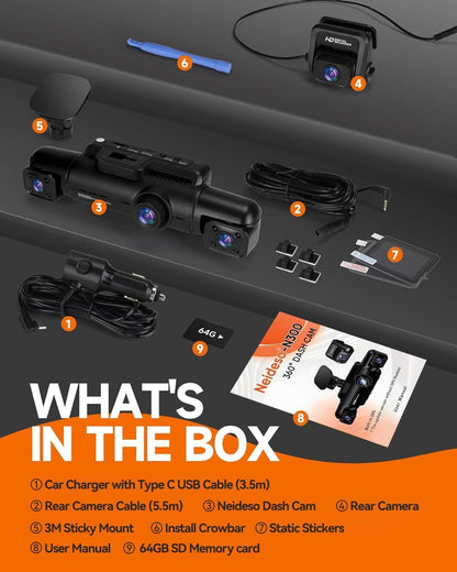 NEIDESO 360° Dash Cam FHD 4-Channel Car Camera with GPS