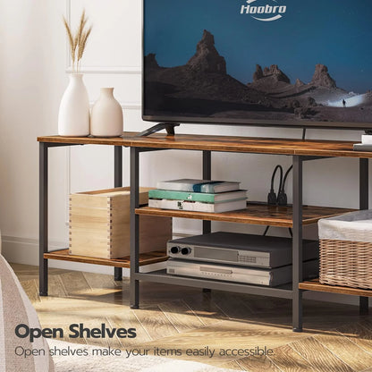 TV Stand with Power Outlets to 75 Inches, TV Console Table with Open Storage Shelves Cabinet, Industrial Media Entertainment Center for Living Room Bedroom, Rustic Brown and Black BF60DS01