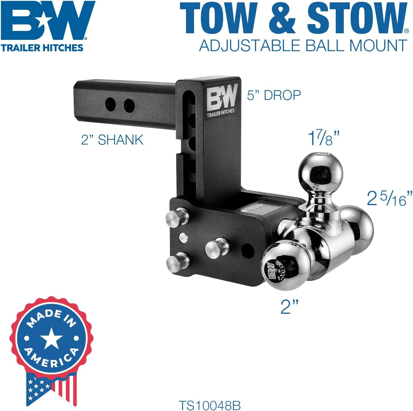 Tow & Stow Adjustable Trailer Hitch Ball Mount - Fits 2" Receiver, Tri-Ball (1-7/8" x 2" x 2-5/16"), 5" Drop, 10,000 GTW - TS10048B