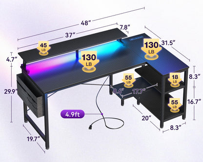 ODK 48 Inch Gaming Desk with USB Ports & LED Lights