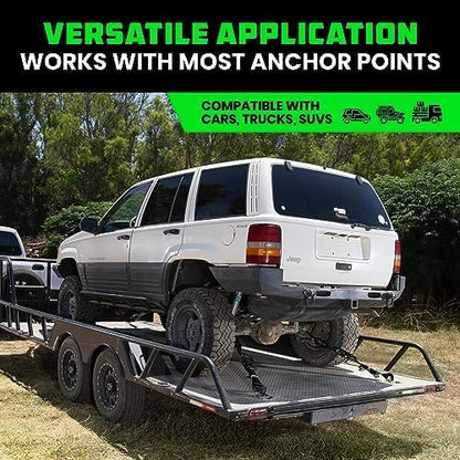 Car Tie Down Straps for Trailers with J Hooks (4-Pack) - 2 Inch x 8 Feet (10,000lb Break Strength) - Heavy Duty T-Handle Car Hauler Tire Straps for Trailer & UTV with Axle Straps - Black