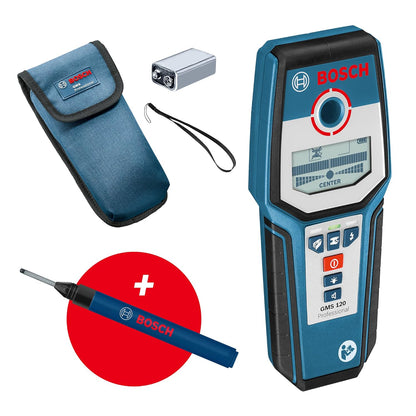 Bosch Professional Stud Finder GMS 120 (Drill hole marker, max. detection depth wood/magnetic metal/non-magnetic metal/live cable: 38/120/80/50 mm, in cardboard box) - Amazon Exclusive Set