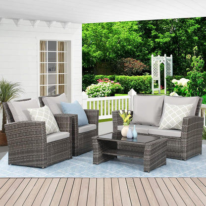Wisteria Lane 4 Piece Outdoor Patio Furniture Sets, Wicker Conversation Set for Porch Deck, Grey Rattan Sofa Chair with Cushion Blue