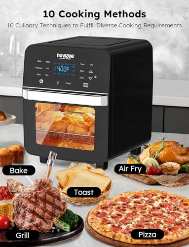 Nuwave Brio Air Fryer Oven, 15.5Qt X Large Family Size, SS Rotisserie Basket &Skewer Kit, Reversible Ultra Non Stick Grill/Griddle Plate, Powerful 1800W, Integrated Smart Thermometer,Black : Home & Kitchen