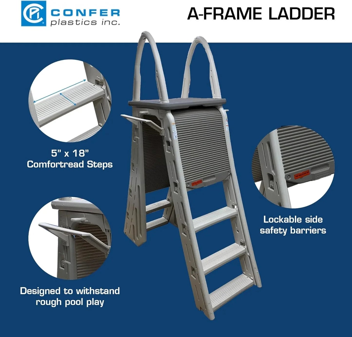 Confer Plastics 7200 Roll Guard 48" to 56" Adjustable A Frame Safety Ladder for Above Ground Outdoor Patio Swimming Pool Platform Ladder with Step Barrier, Warm Grey…