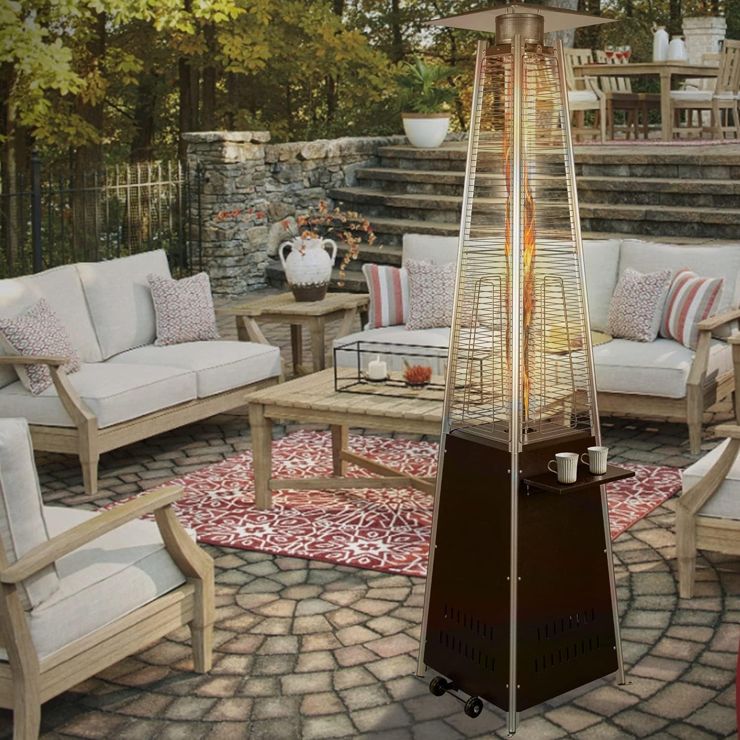 Pyramid Patio Propane Heater48,000 BTU Outdor Patio Flame Heater With Wheels,Waterproof Cover Quartz Glass Tube Propane Heater for Patio, Party, Backyard, Garden, Decoration(Bronze)