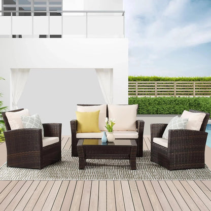 Wisteria Lane 4 Piece Outdoor Patio Furniture Sets, Wicker Conversation Set for Porch Deck, Grey Rattan Sofa Chair with Cushion Blue