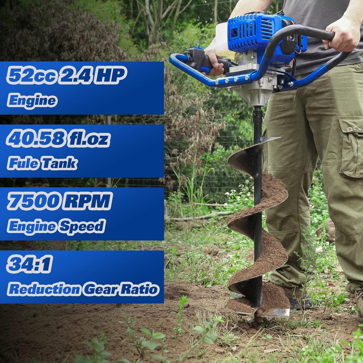 Post Hole Digger Gas Powered, 52cc 2.4 HP 2 Stroke Engine Earth Auger with 8" Drill Bit, EPA Compliant Post Hole Auger