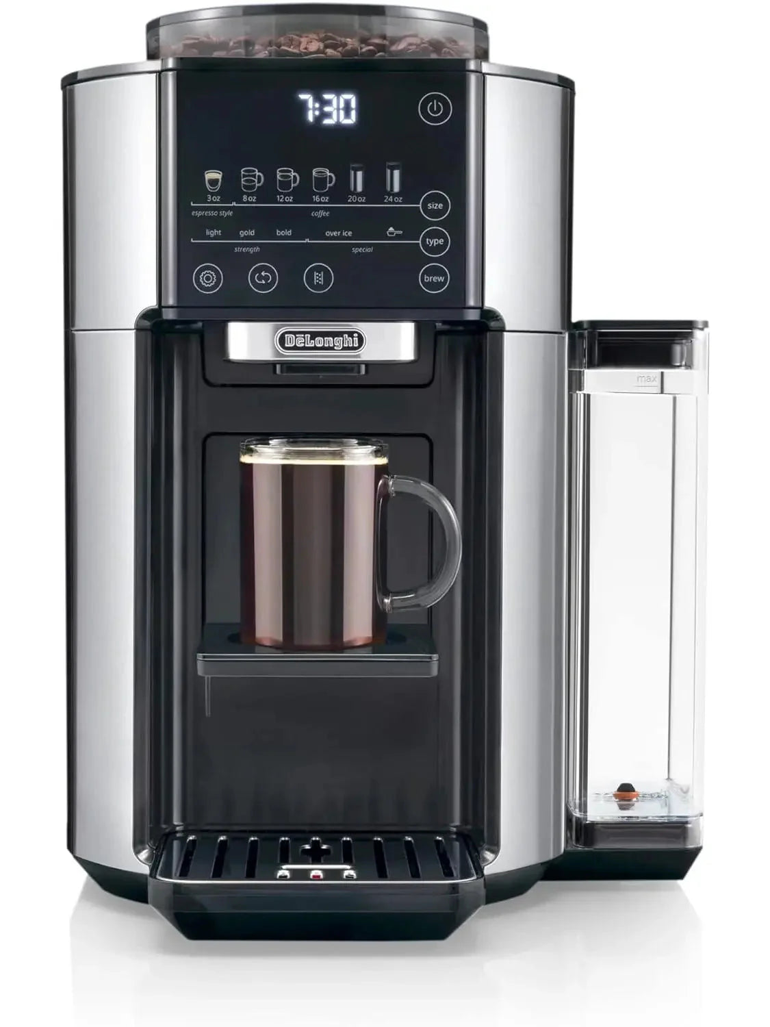 De'Longhi TrueBrew Drip Coffee Maker with Built-in Grinder, Programmable, 6 Brew Sizes, 5 Styles, Stainless Steel, Silver Black