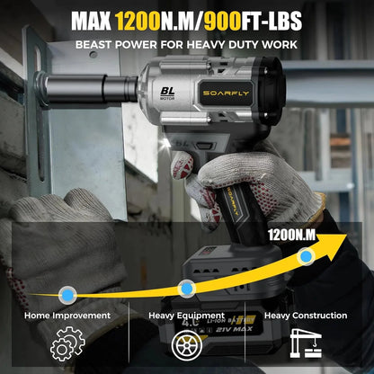 Cordless Impact Wrench, 1200Nm(900ft-lbs) High Torque 1/2'' Impact Wrench, 21V Brushless Electric Impact Gun with 2Pcs 4.0Ah Batteries, 1 Hour Fast Charger, 5 Sockets, Power Impact Driver for Car Home