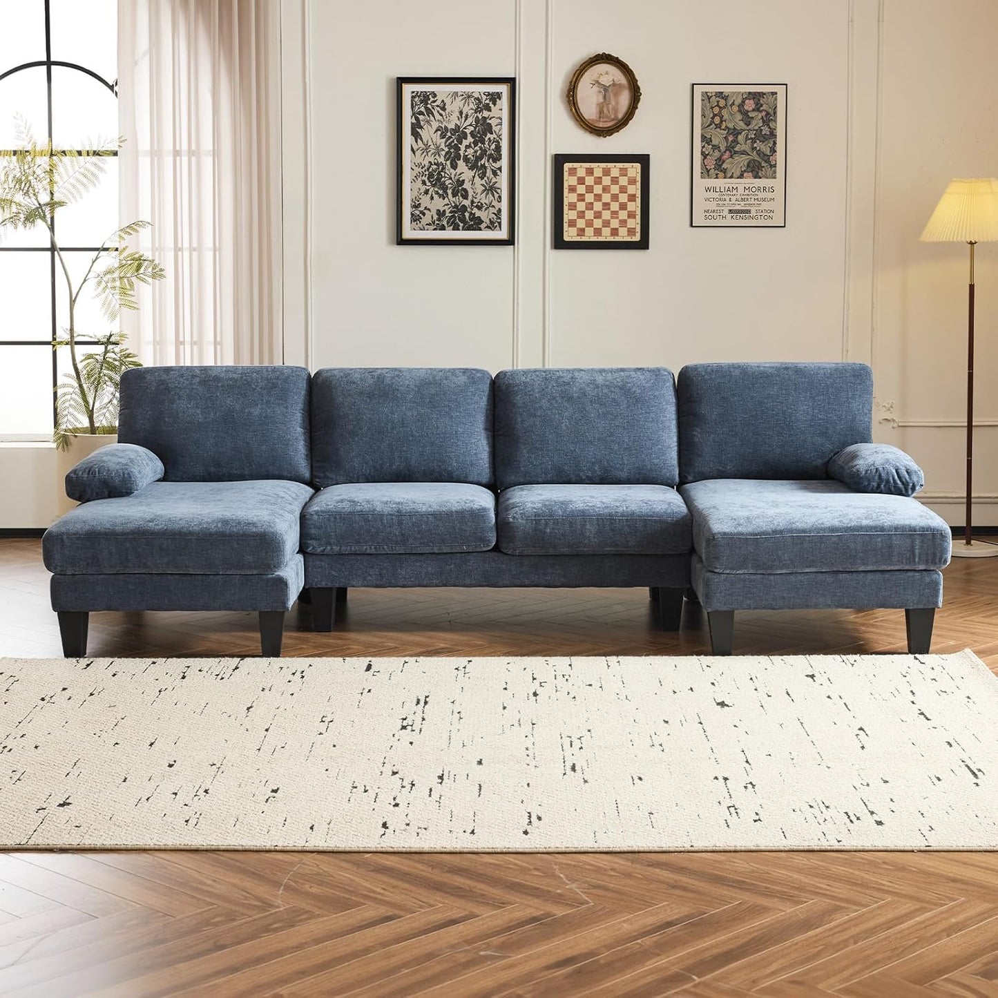 VINGLI 110" Sectional Couches for Living Room,U Shaped Couch with Double Chaise, 4-Seat Sofa Set with Chenille Fabric for Home Furniture,Beige