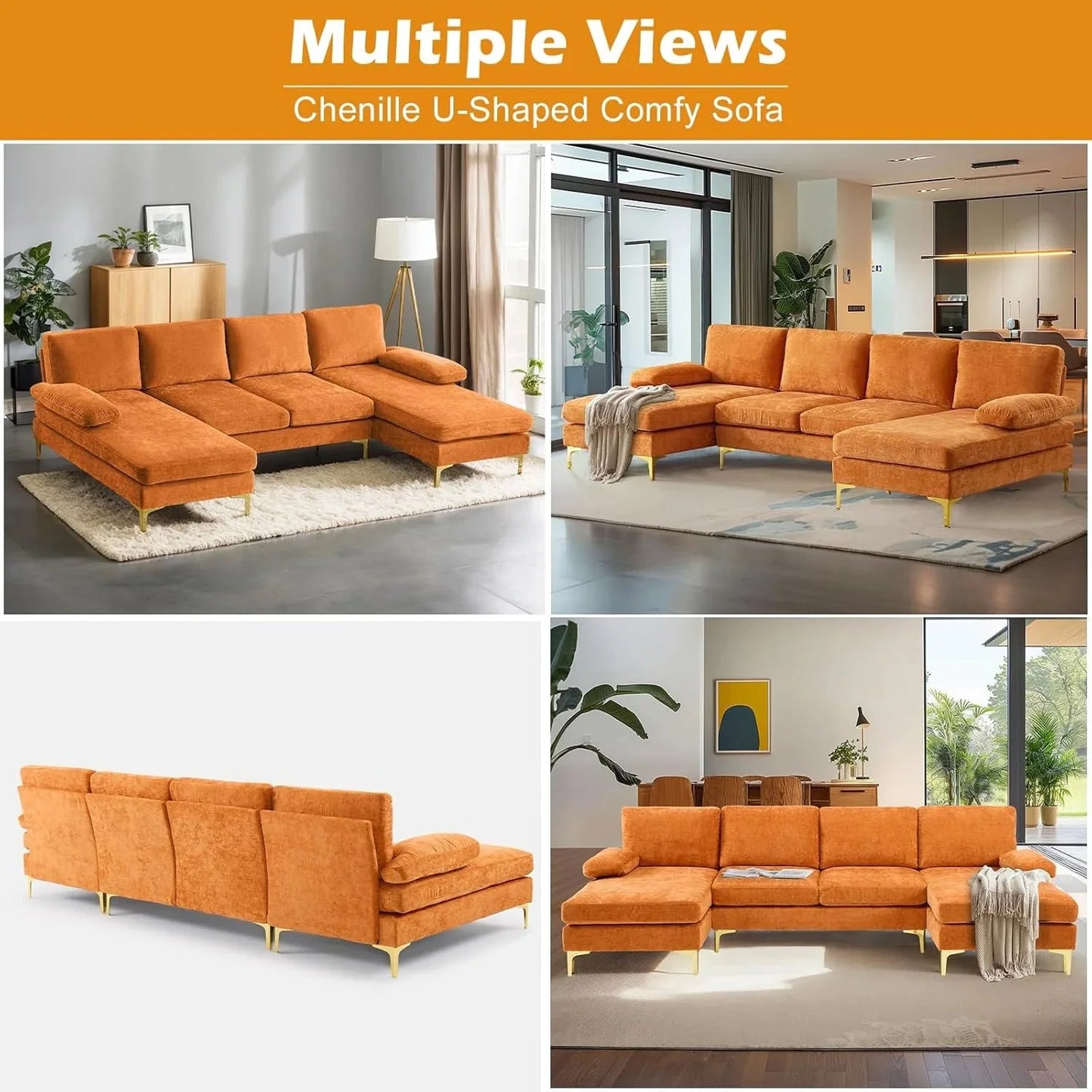 VINGLI 110" Sectional Couches for Living Room,U Shaped Couch with Double Chaise, 4-Seat Sofa Set with Chenille Fabric for Home Furniture,Beige
