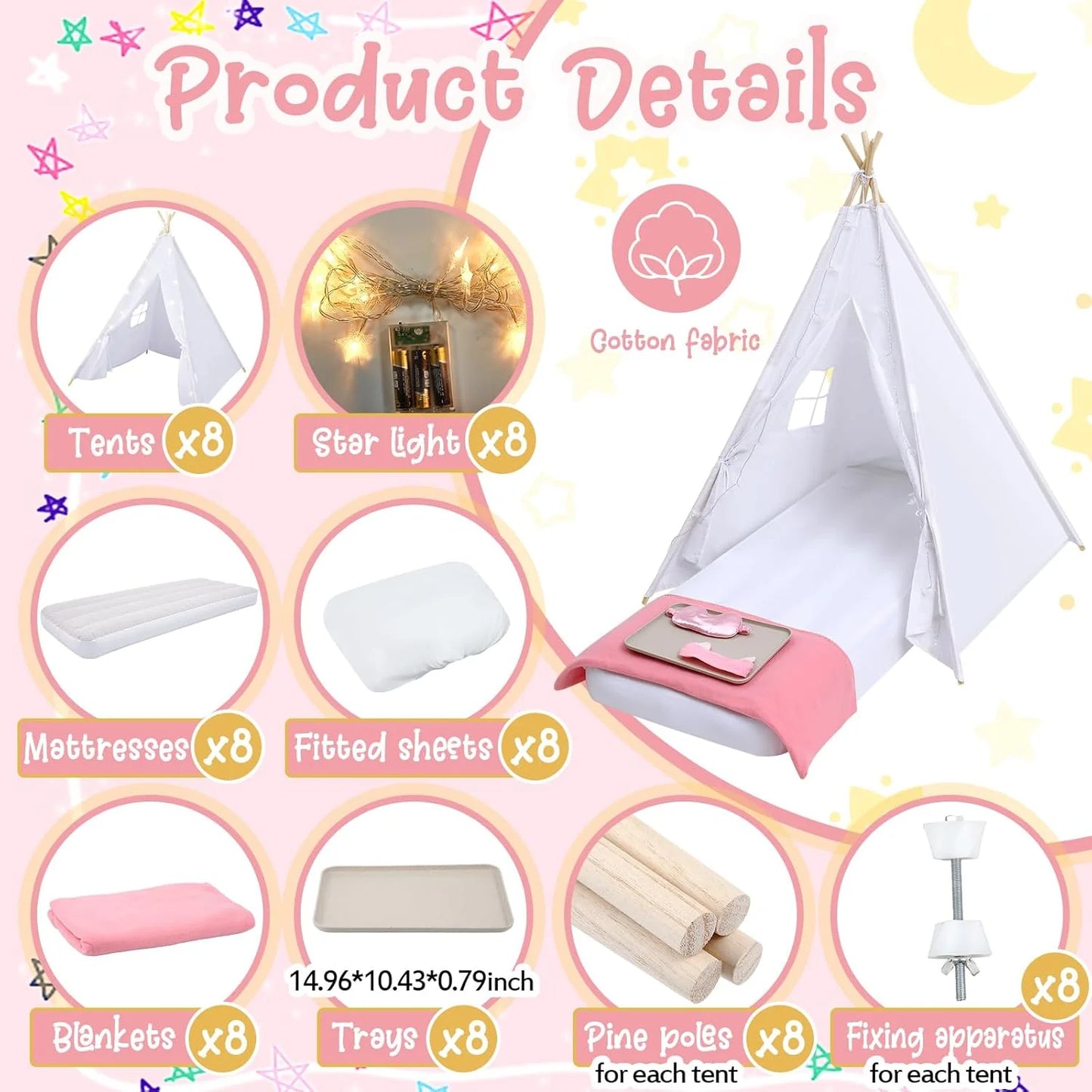 Windyun 8-Pack Kids Teepee Tent Set, Sleepover Party, White