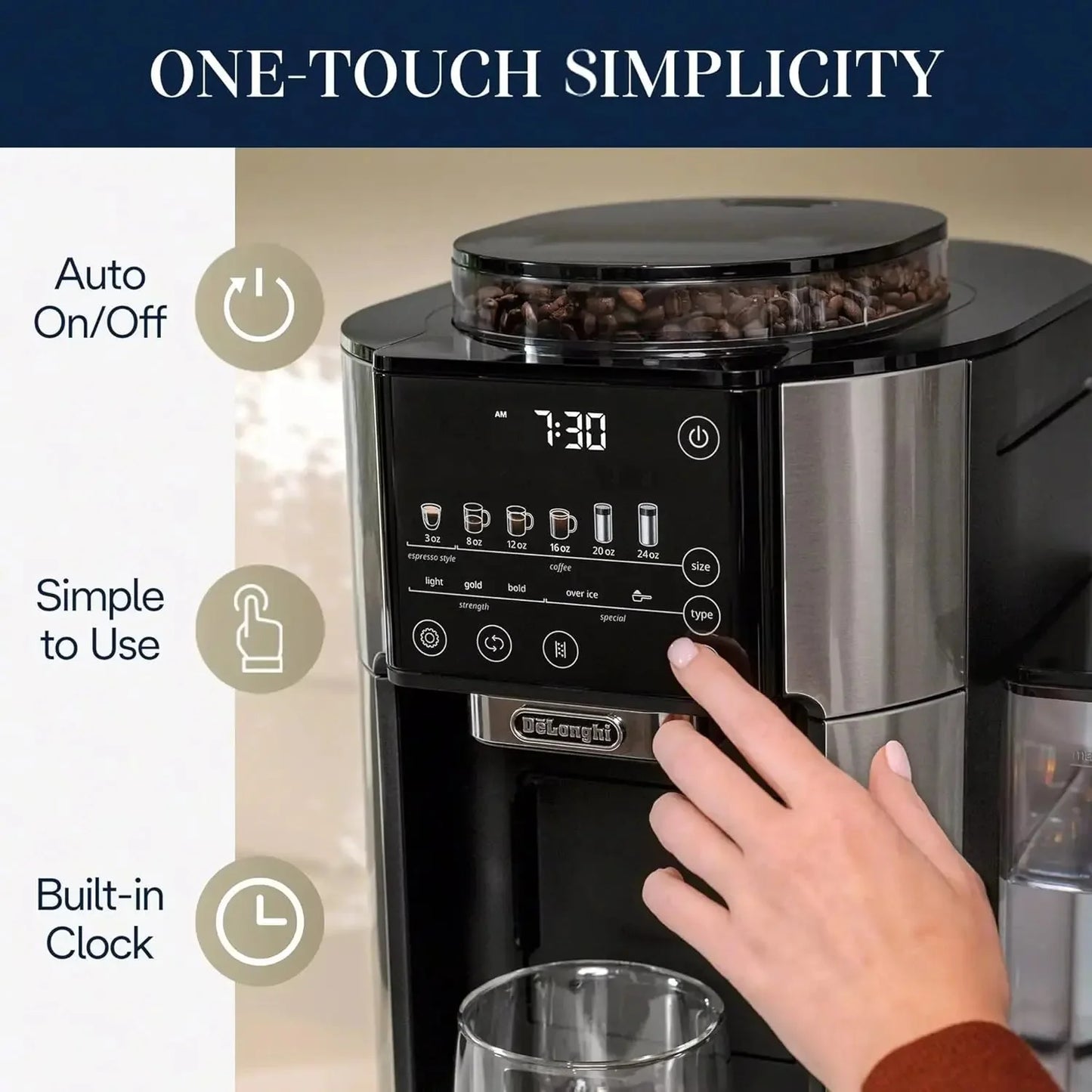De'Longhi TrueBrew Drip Coffee Maker with Built-in Grinder, Programmable, 6 Brew Sizes, 5 Styles, Stainless Steel, Silver Black