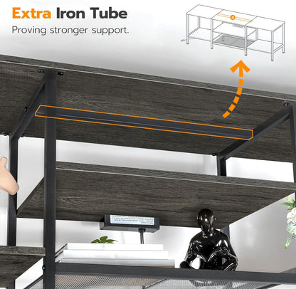 TV Stand with Power Outlets to 75 Inches, TV Console Table with Open Storage Shelves Cabinet, Industrial Media Entertainment Center for Living Room Bedroom, Rustic Brown and Black BF60DS01
