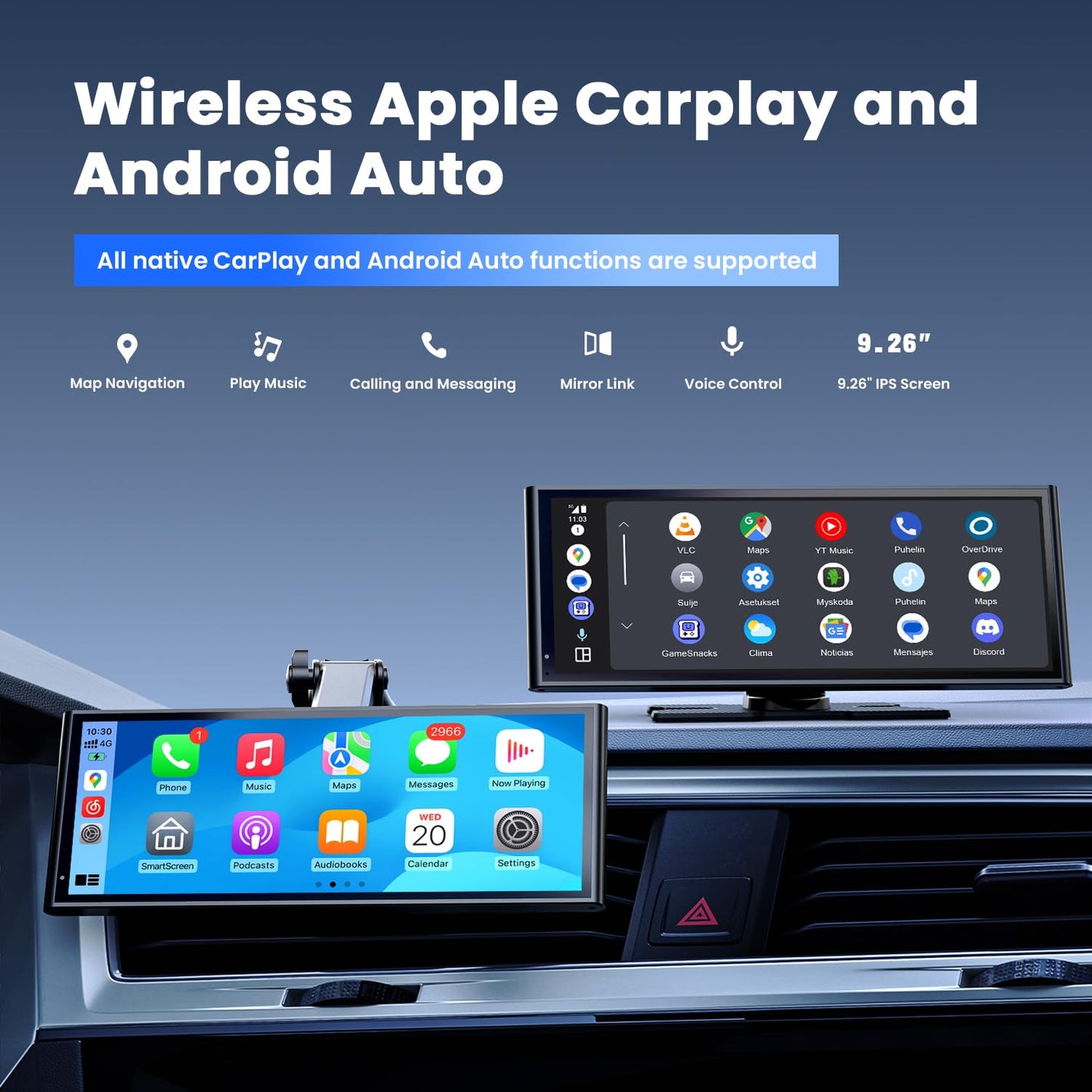 KRUNIA 9.26" Wireless CarPlay Screen with Bluetooth & GPS
