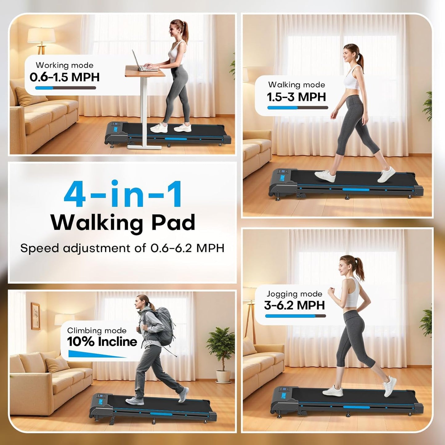 FOUSAE Walking Pad Treadmill for Home, 6.2MPH, 350LBS Capacity