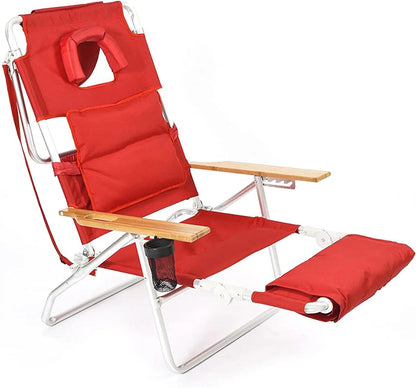 Deluxe 3 in 1 Beach Chair with Face Opening - Portable, Reclining Lounger for Tanning - Face Hole for Reading on Stomach - Padded Footrest, Removable Pillow - Aluminum