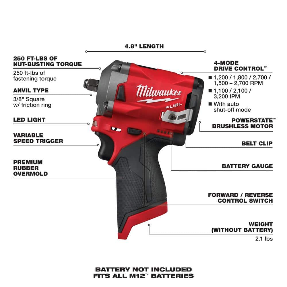 Milwaukee M12 FUEL 3/8′′ Cordless Brushless Stubby Impact Wrench, 250 ft lbs Torque, Tool Only