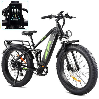 Electric Bike for Adults 1000W, 48V 17.5AH Battery Adult Electric Bicycles, 26 Fat Tire Full Suspension Ebike, 28MPH Mountain Beach E Bike, 7 Speed, 60Miles Range, UL Certified