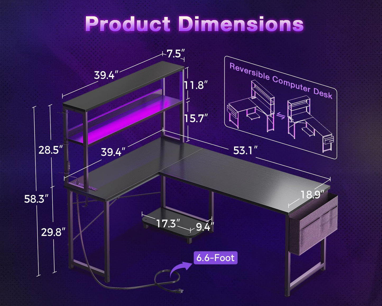 ODK 53" L-Shaped Gaming Desk with LED, Power Outlets