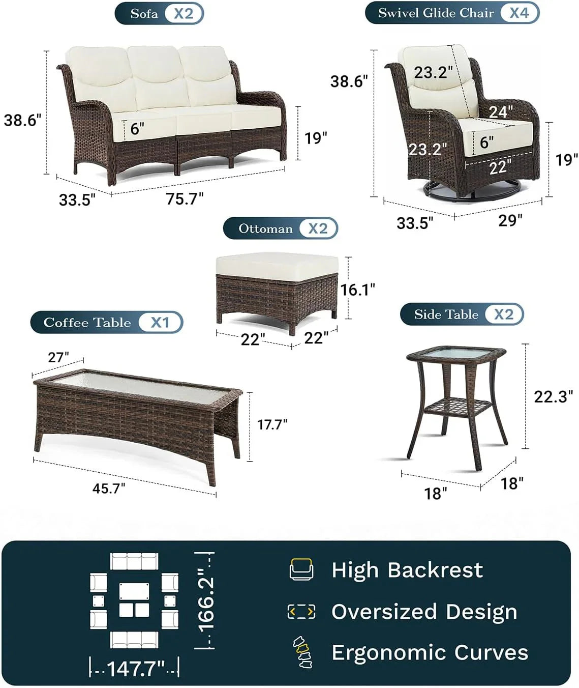 Outdoor Swivel Rocker Patio Chairs with 6-Inch Thick Cushions and Side Table, 3PCS High Back Wicker Patio Furniture Set for Porch, Balcony, Deck and Yard in Blue