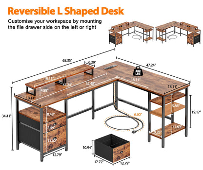 FUROLOGEE 66” L Shaped Desk with Power Outlet & Storage Shelves