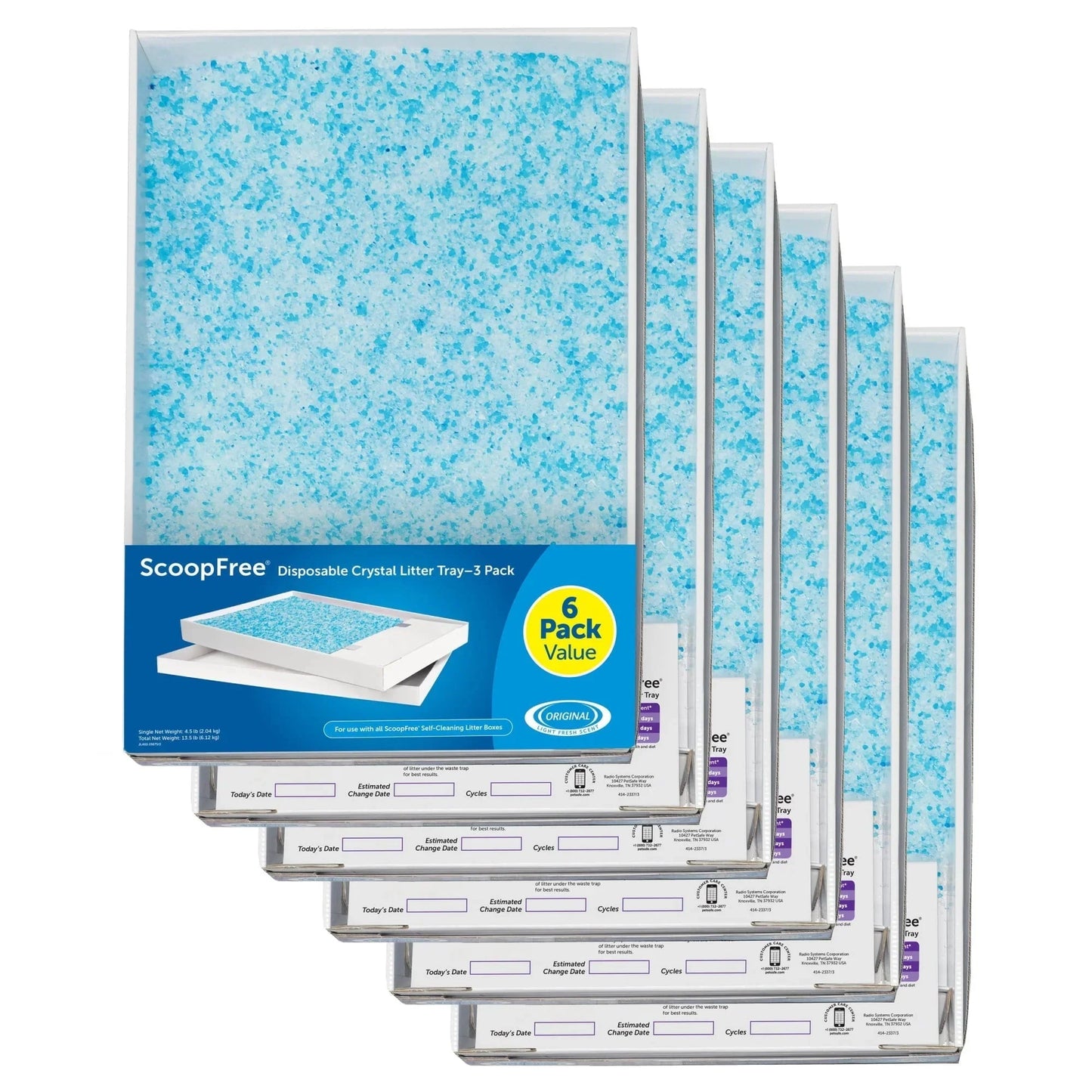 PetSafe ScoopFree Complete Replacement Blue Crystal Litter Tray 6-Pack Easy Cleanup with Disposable Tray Includes Leak Protection and Low Tracking Litter
