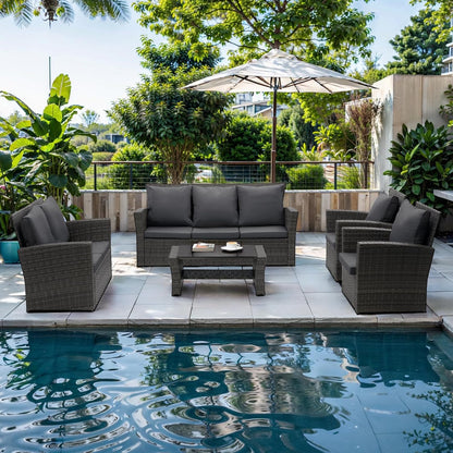 Wisteria Lane 4 Piece Outdoor Patio Furniture Sets, Wicker Conversation Set for Porch Deck, Grey Rattan Sofa Chair with Cushion Blue