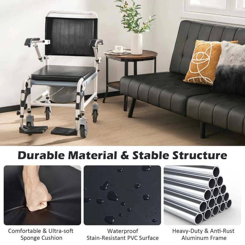 4 In 1 Bedside Commode Chair Shower Wheelchair With Detachable Bucket Padded Mobile Toilet Chair - Comfortable And Ergonomic Design