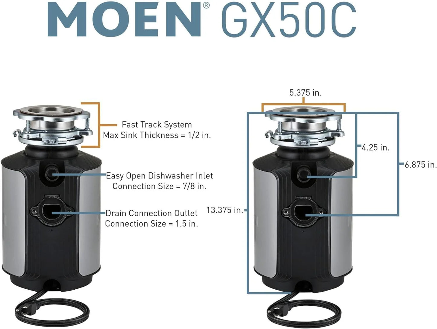 Disposer Prep Series 1/2 HP Continuous Feed Garbage Disposal with Sound Reduction, Power Cord Included
