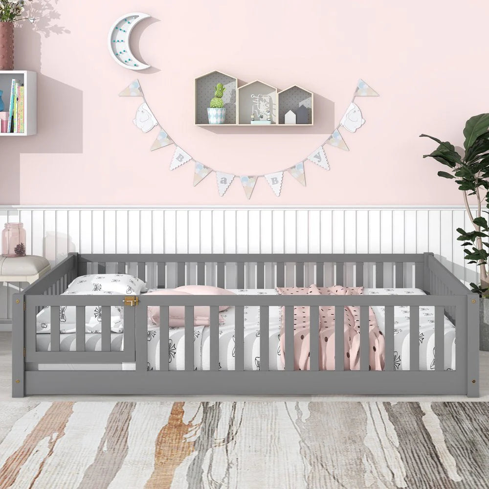 Uhomepro Full Size Kids Floor Bed with Fence & Door, Pine Wood, Playhouse Design