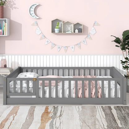 Uhomepro Full Size Kids Floor Bed with Fence & Door, Pine Wood, Playhouse Design