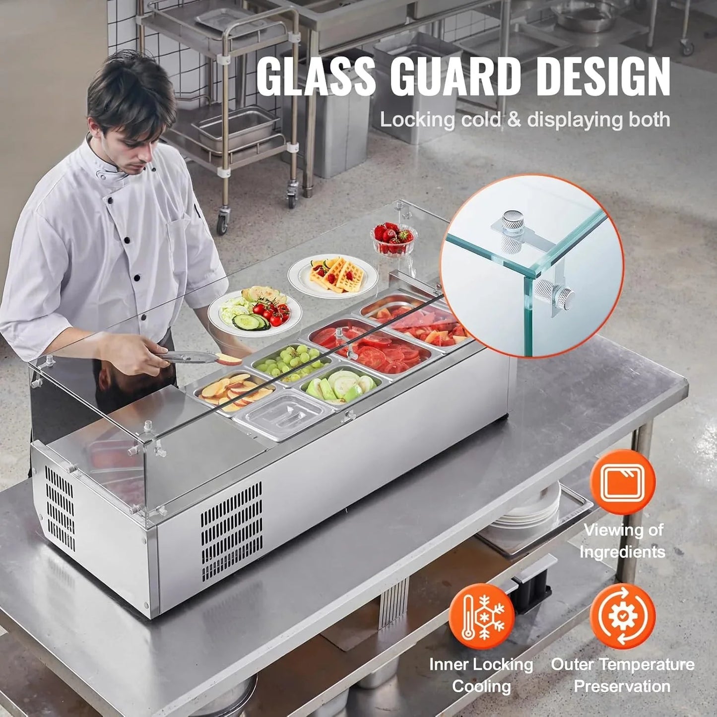 Refrigerated Condiment Prep Station, 135 W Countertop Refrigerated Condiment Station, with 2 1/3 Pans & 4 1/6 Pans, 304 Stainless Body and PC Lid, Sandwich Prep Table with Stainless Guard, ETL