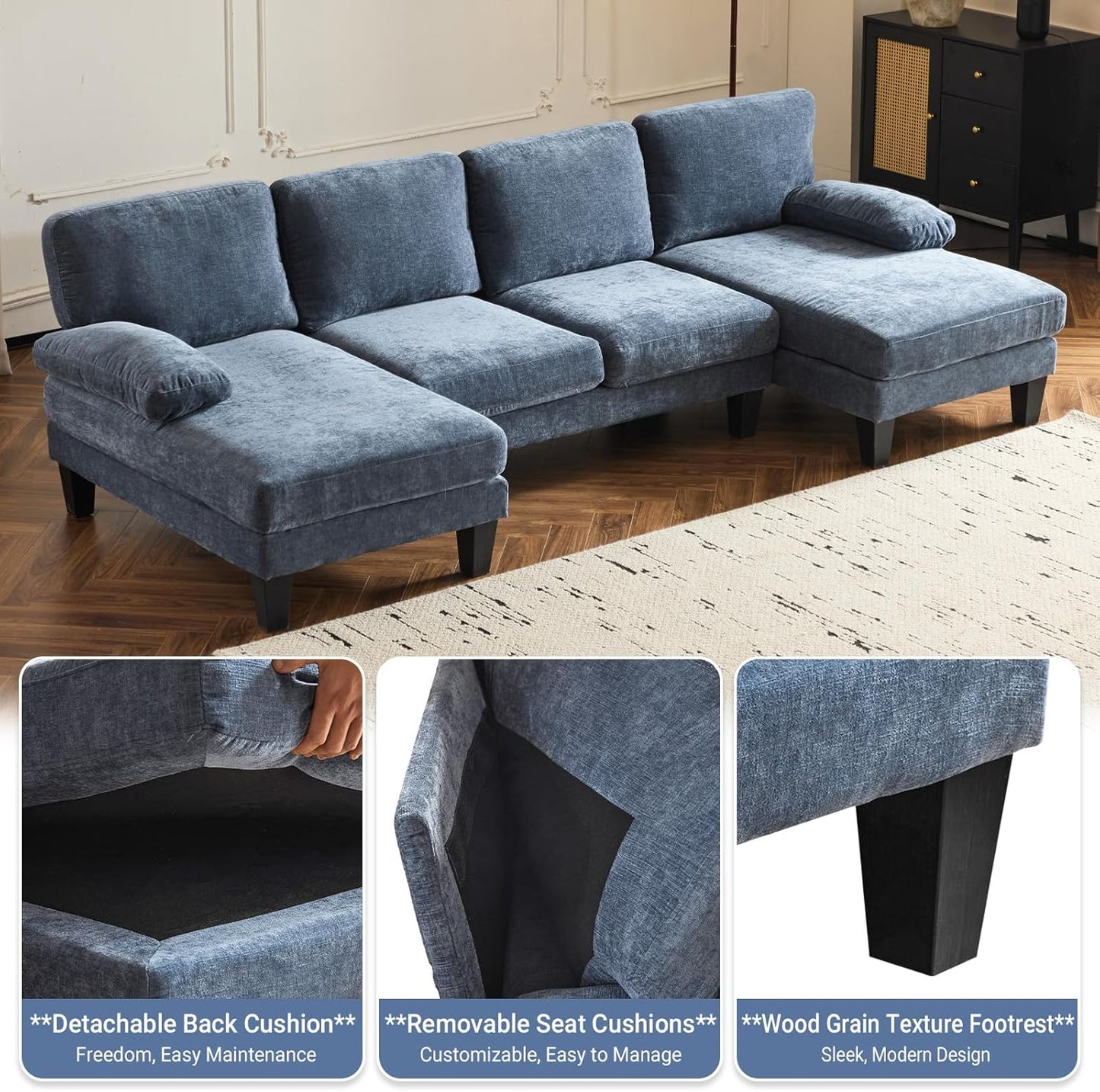 VINGLI 110" Sectional Couches for Living Room,U Shaped Couch with Double Chaise, 4-Seat Sofa Set with Chenille Fabric for Home Furniture,Beige