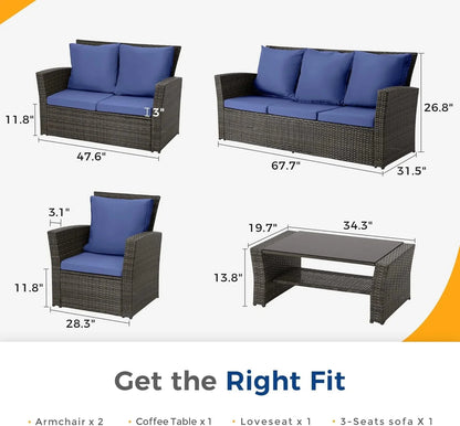 Wisteria Lane 4 Piece Outdoor Patio Furniture Sets, Wicker Conversation Set for Porch Deck, Grey Rattan Sofa Chair with Cushion Blue