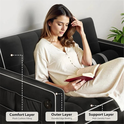 Pipishell 3 in 1 Convertible Sleeper Sofa Bed,Pull Out Couch for Living Room with USB Ports & Side Pockets,Adjustable Backrest,Velvet,Loveseat Sofa Bed,Futon Couches,Black